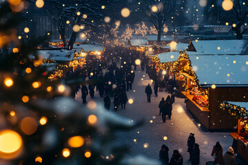 Abendlicher, winterlicher Weihnachtsmarkt, Vogelperspektive, Weihnachten, erstellt mit generativer KI