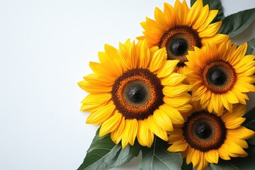 Bright yellow sunflowers blooming on white background