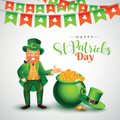 Happy St. Patrick's Day banner or poster design, illustration of leprechaun man character with traditional coins pot and hat on white background.