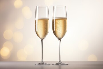 Photorealistic image of two champagne glasses filled with sparkling wine, set against a soft golden bokeh background, symbolizing celebration and elegance