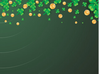 Green background decorated with clove leaves and golden coins for St. Patrick's Day greeting celebration.