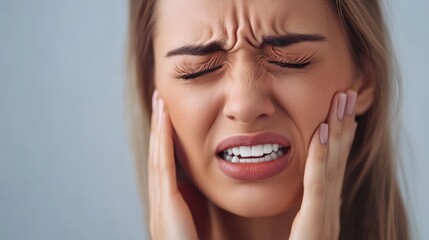 Young woman suffering from strong toothache, touching cheek with hand