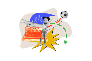 Composite photo collage of happy girl author push football ball arrow show peace gesture typewriter machine isolated on painted background