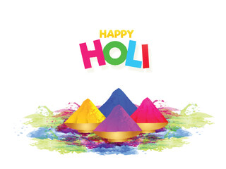 Colorful text happy holi with color bowls on white background festival celebration poster or banner design.