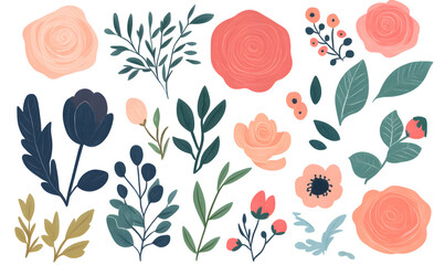 2D illustrator doodle-style floral and leaf graphics on a white background or wallpaper