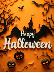 Halloween background with pumpkins, ghosts and bats. Vector illustration.