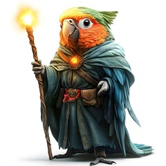Fototapeta premium Magical Parrot Wizard Perched on Mystical Staff