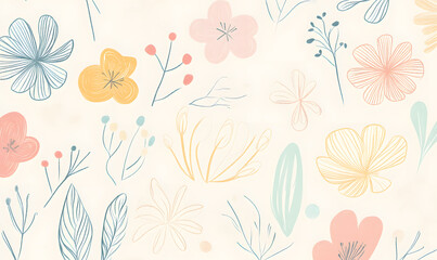 2D illustrator doodle-style floral and leaf graphics on a white background or wallpaper
