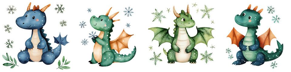 A charming collection of cute dragons surrounded by lush foliage, perfect for fantasy themes and children's art projects.