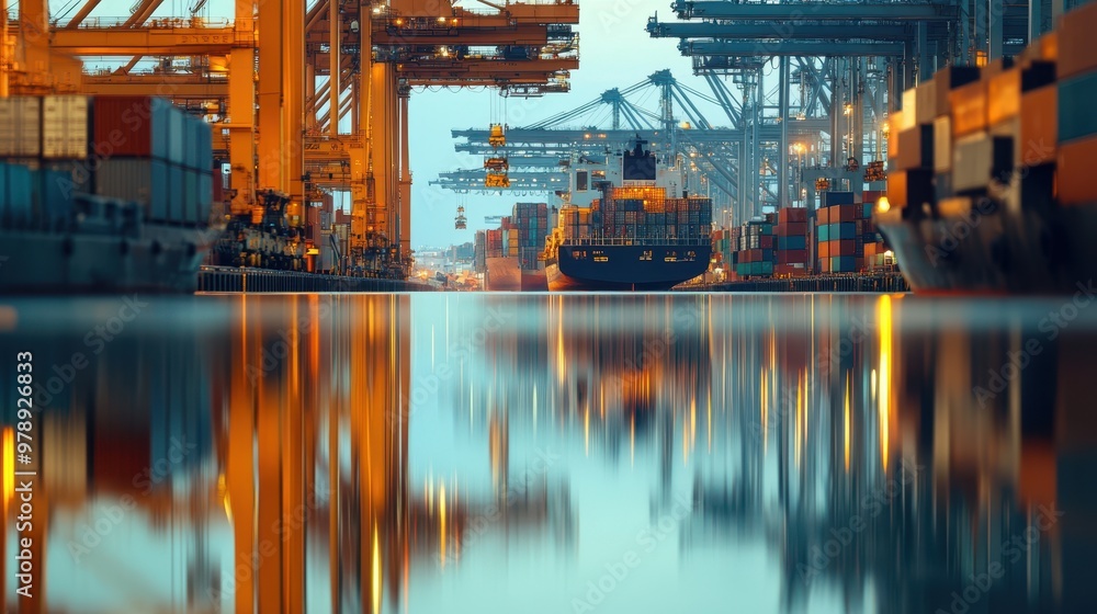 Poster a bustling shipping port with containers and cranes reflected in calm waters.