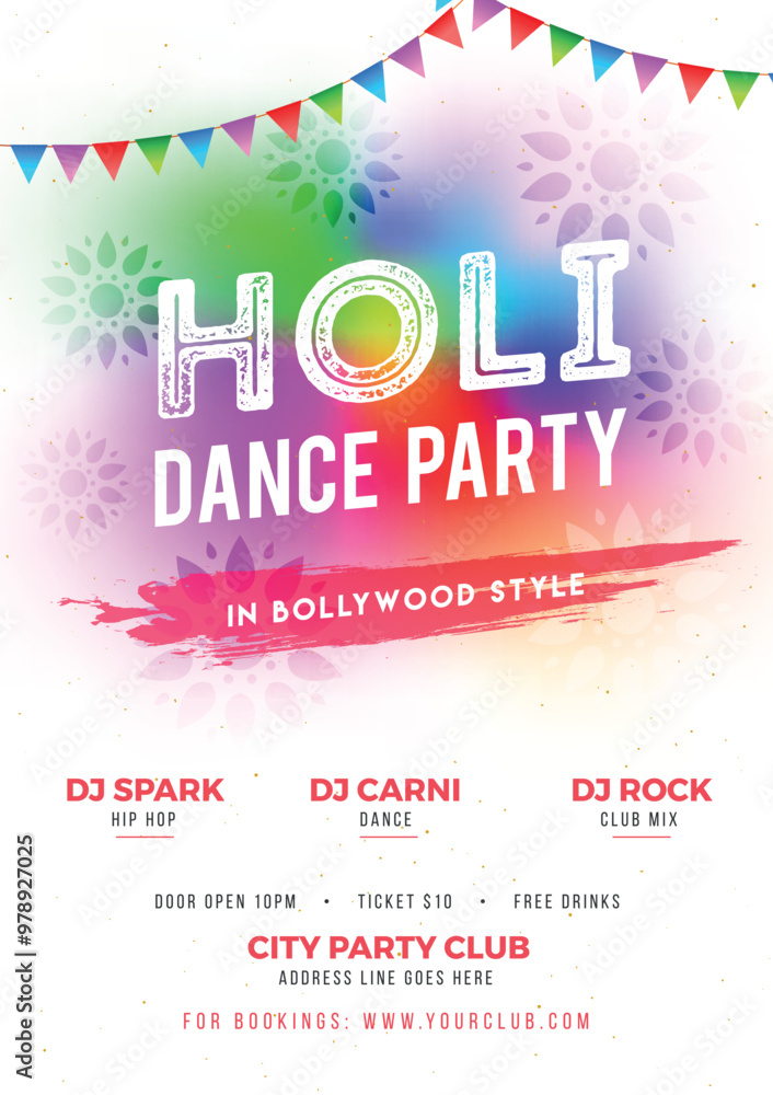 Canvas Prints Holi dance party template or flyer design with time, date and venue details.