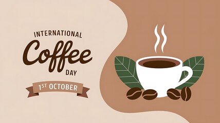 International coffee day illustration  with text, coffee mug and coffee beans