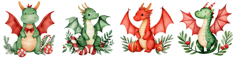 Fototapeta premium Colorful cartoon dragons, featuring festive elements and vibrant colors, perfect for children's illustrations and creative projects.
