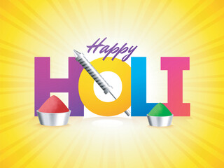 Colorful text Holi with festival elements on yellow rays background. Happy Holi poster or banner design.