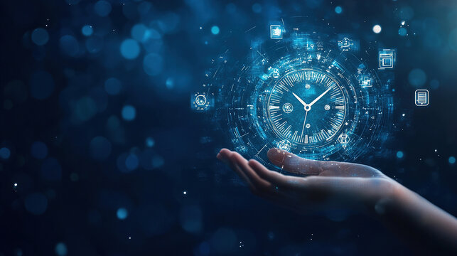 Businessman holding a virtual digital clock and work time management icon. Business project planning. Strategic business success. Time is money. Work planning increases efficiency. Business future