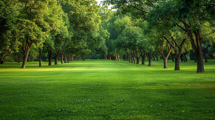 Obraz premium Green trees in a grass field, green trees in the background, green grass with trees