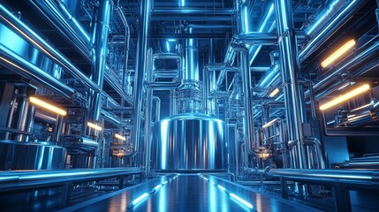 Fototapeta premium Futuristic chemical plant, stainless steel tank surrounded by holographic pipes, AI-assisted machinery, glowing lines, low-angle view