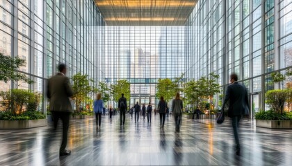 Modern Office, Sustainability, Cityscape People Walking in an Eco-Friendly Corporate Environment