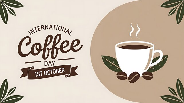 International coffee day illustration  with text, coffee mug and coffee beans