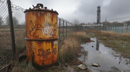 Graffiti-adorned stainless steel tank, placed in a gritty urban industrial area, surrounded by barbed wire fences and derelict machinery