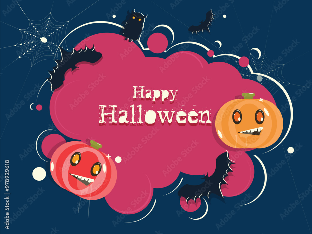 Sticker Vintage style Happy Halloween poster or template design with scary pumpkins and bats on blue background.