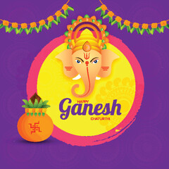 Purple template or flyer design for Ganesh Chaturthi festival celebration with Lord Ganesha face and worship pot.