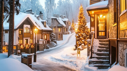 Charming winter village scene with snow-covered houses, a decorated Christmas tree, and warm lights