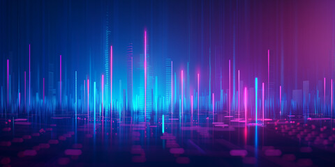 
A stock market candlestick bar graph with rising and falling lines on a blue gradient digital screen background