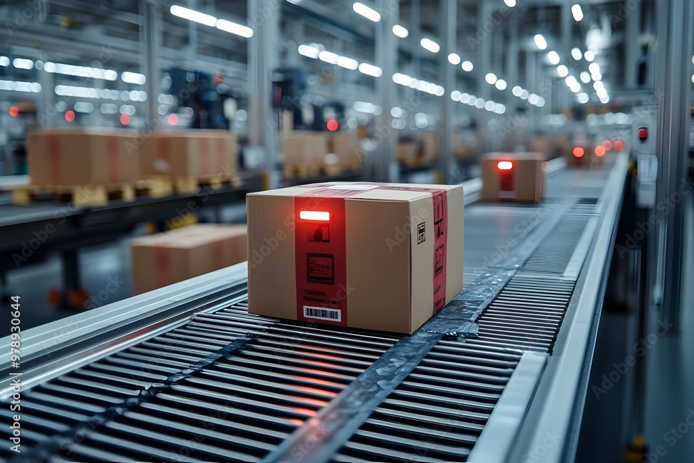 Poster control stamp on package in busy distribution center with certification and final inspection