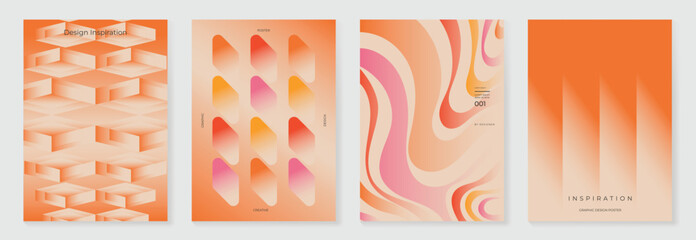 Collection of 70s color gradient poster background vector. Set of retro wall decoration, groovy, trippy, geometric shape. Vintage hippie wall art for interior, decorative, banner, cover, card.