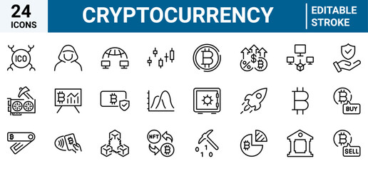 Cryptocurrency economy web icons collection. Blockchain package. Bitcoin, NFT, Vector illustration. Outline icon. Editable stroke.