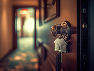 Close-up of a metal house-shaped keychain attached to a door key, with a softly blurred hallway in the background.