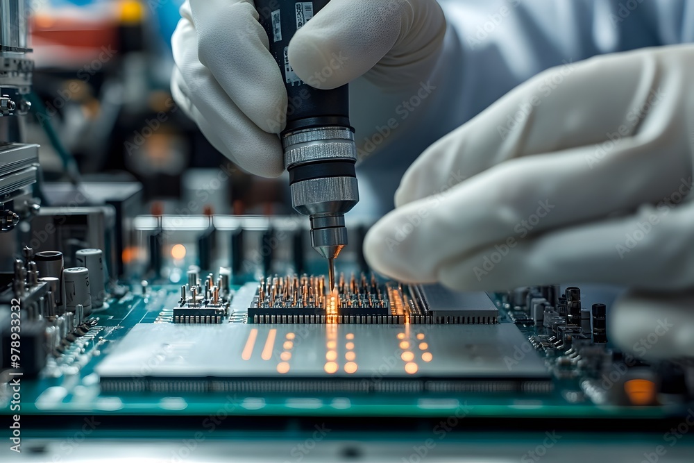 Poster worker performing detailed electronic testing and verification with specialized equipment