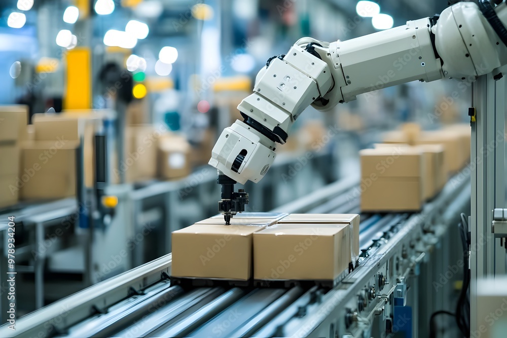 Poster robotic arm inspecting product on automated factory conveyor belt for control