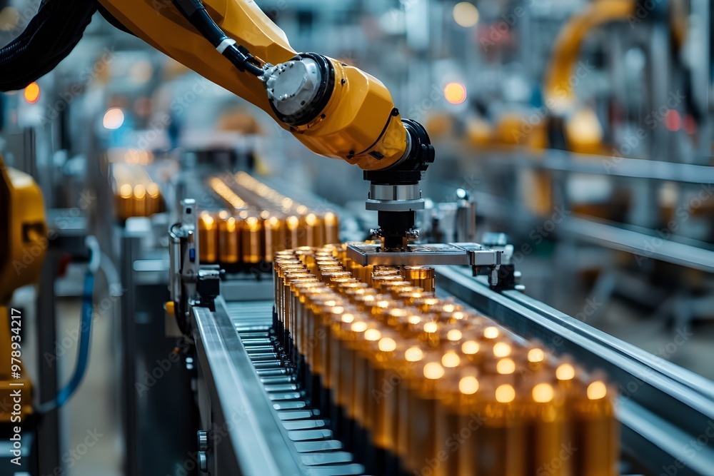 Poster robotic arm inspecting product on automated factory conveyor belt for control