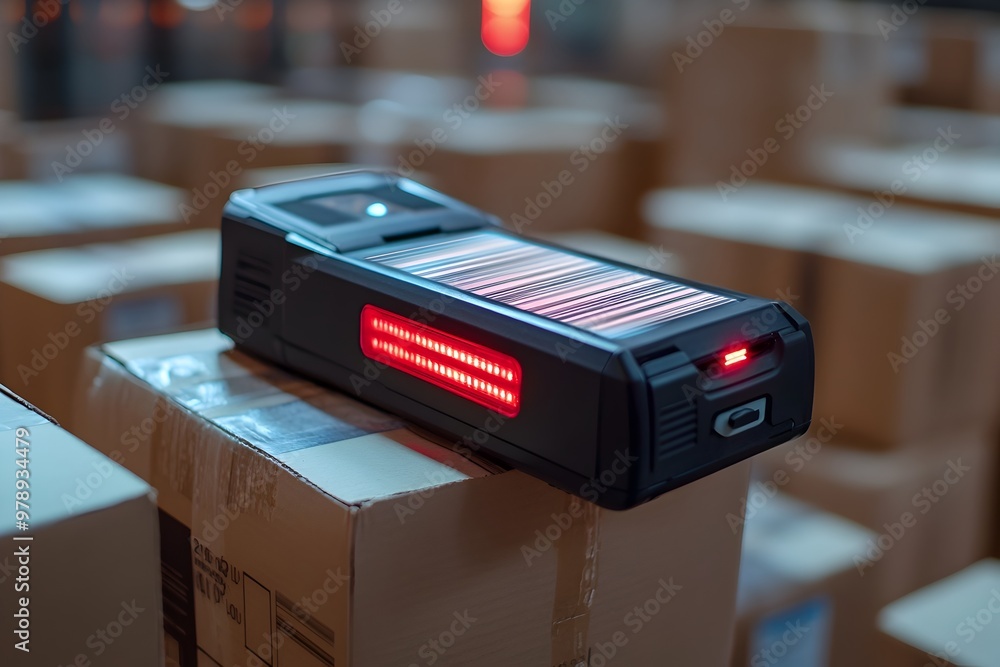 Poster close up shot of barcode scanner verifying product codes for inventory accuracy and control