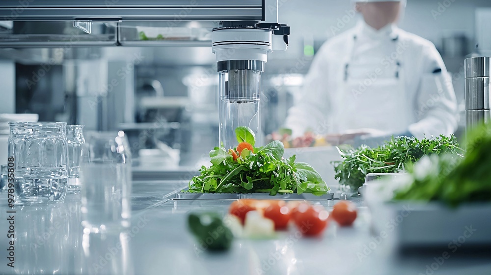 Poster automated machine slicing vegetables with precision in a modern kitchen, food automation, high-tech 
