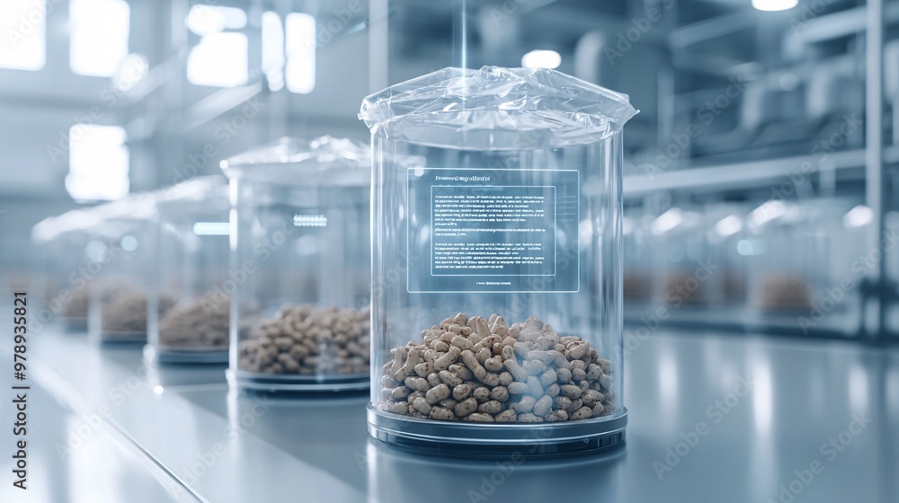 Poster futuristic packaging with qr code displaying nutritional information on a smartphone, smart packagin