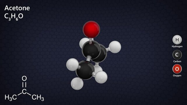 Acetone molecule C3H6O, with a color code. Acetone is a colorless liquid with smell, flammable and dissolves in water. It is used as a raw material for the synthesis of important chemical products.