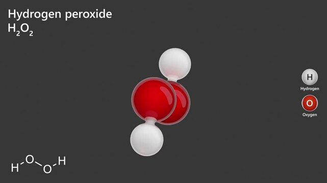 H2O2 - hydrogen peroxide molecule. 3d structure with a colored code. Hydrogen peroxide is a colorless liquid with a bitter taste. It is used in chemical production and the food industry.3d rendering