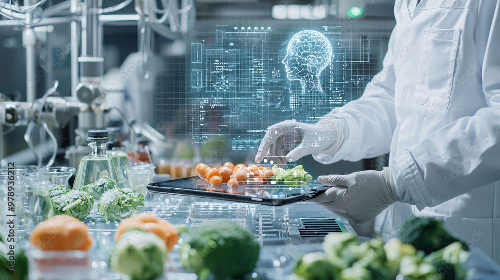 Poster artificial intelligence analyzing nutritional data on a digital tablet in a food lab, ai in nutritio