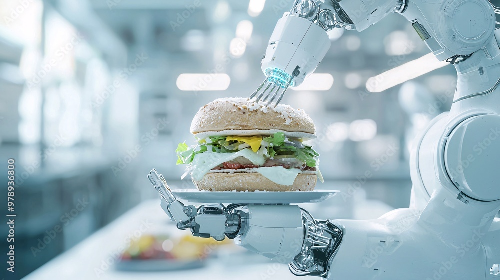 Poster close-up of a robot arm assembling a sandwich in a futuristic cafe, robotics, automated food prepara