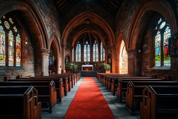 Fototapeta premium Magnificent Gothic Interior of a Venerated Church with Stained Glass Windows and Pews