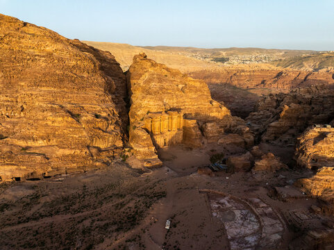 Aerial view of majestic rock formations in a breathtaking canyon, lw lbtr, Jordan.
