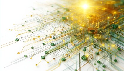 Abstract yellow and green circuit lines on a white background, representing technology and connectivity concept. 3D Rendering