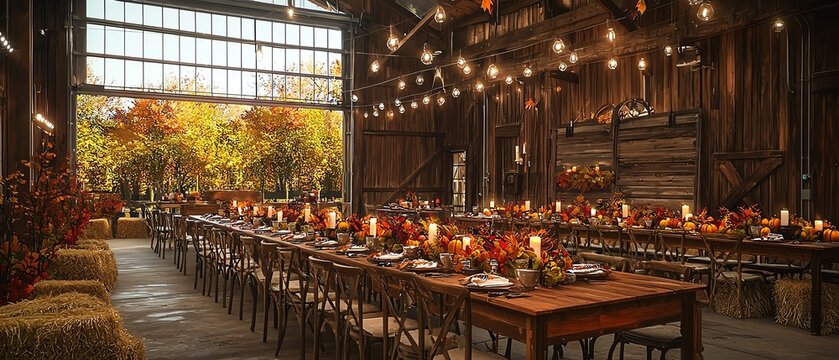 Rustic barn wedding reception with long tables, candles, and fall foliage.