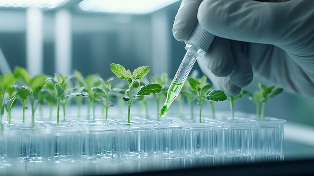 Close-up of a scientist injecting nutrients into a lab-grown vegetable, genetic modification, enhancing food nutrition
