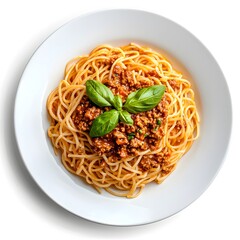 Delicious spaghetti bolognese with basil garnish in a white bowl