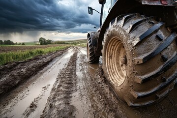 A close-up of a muddy tractor tire on a rural road under a stormy sky.