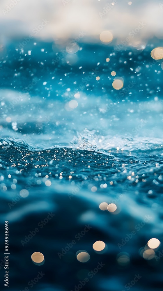 Poster a close-up of water droplets on a surface, creating a serene and dynamic atmosphere.